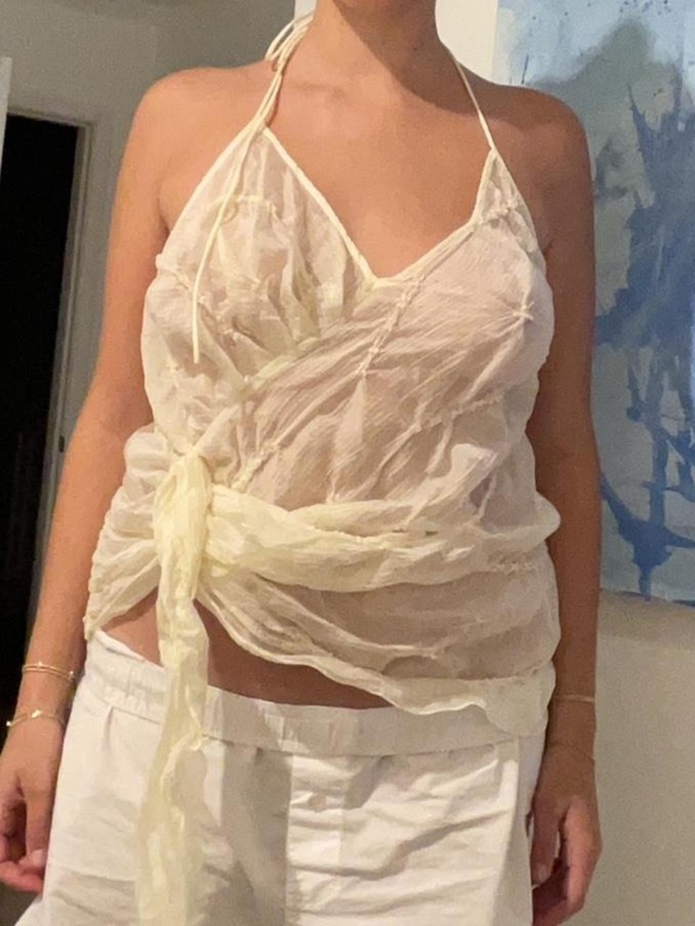 Zara Light Cream Sheer Halter Wrap Camisole